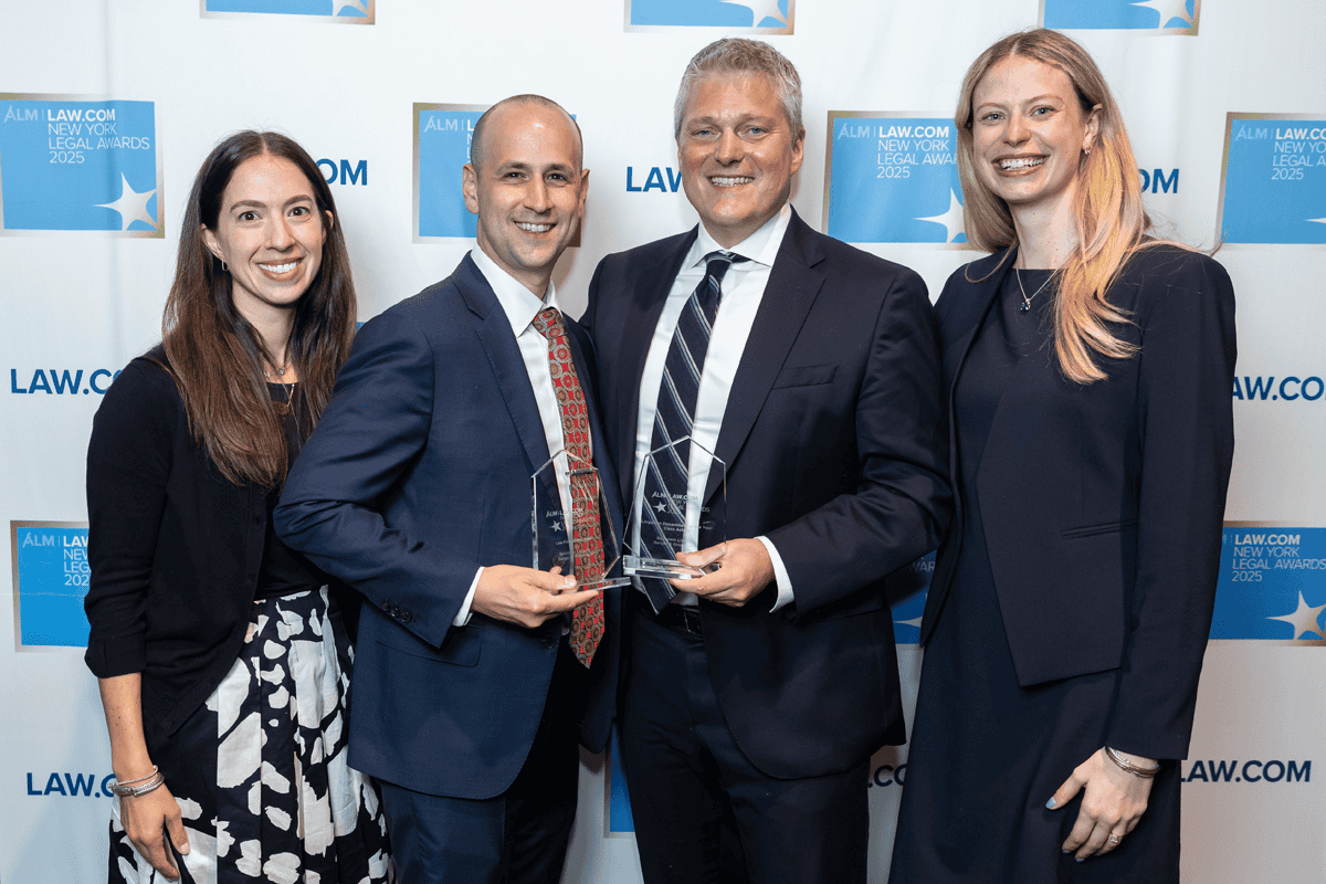 (Left to right) Managing Director of Marketing Alexa Penziner, Partner Scott Foglietta, Partner Jeroen van Kwawegen, and Associate Brittney Balser represent BLB&G at the New York Legal Awards.